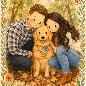 May include: A watercolour-style illustration of two people crouching beside a golden retriever dog wearing a plaid bandana. The scene is framed by colourful flowers and foliage, with a smiling sun in the corner and fallen autumn leaves below.