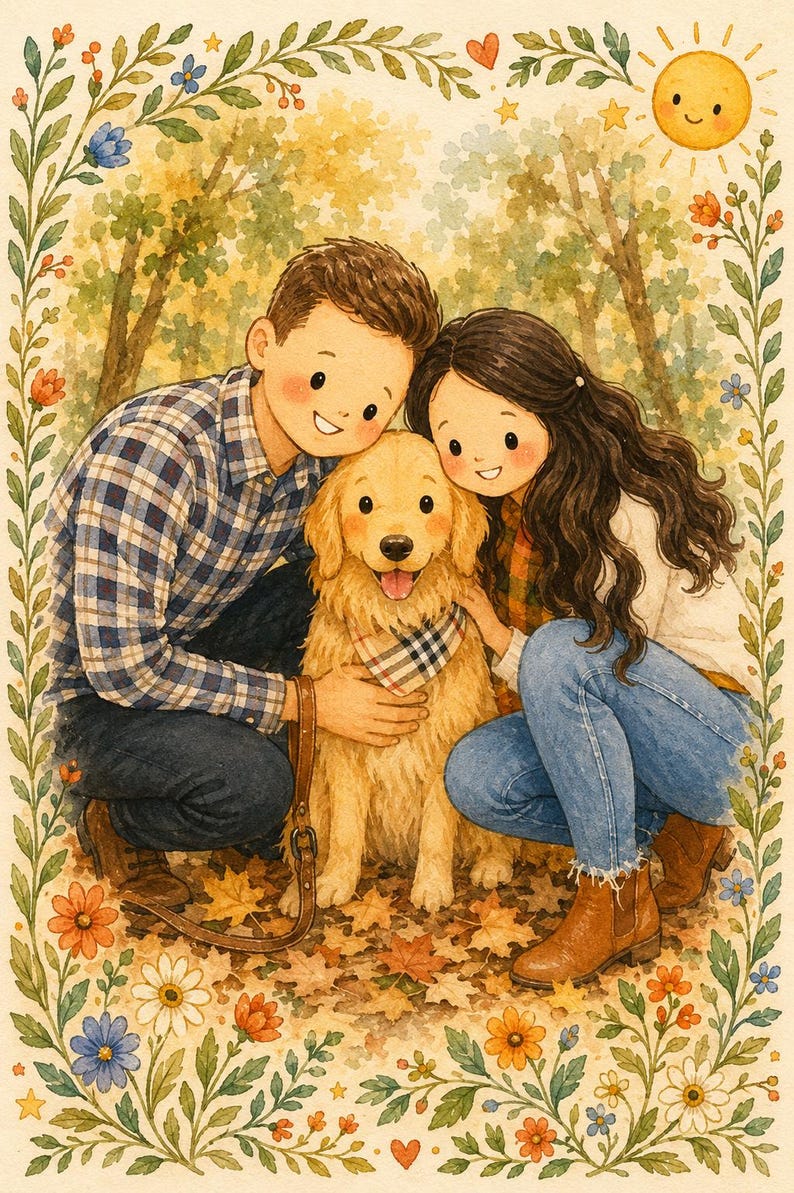 May include: A watercolour-style illustration of two people crouching beside a golden retriever dog wearing a plaid bandana. The scene is framed by colourful flowers and foliage, with a smiling sun in the corner and fallen autumn leaves below.