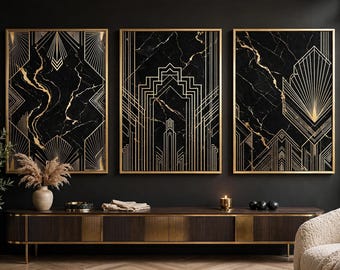 Art Deco Wall Art Set of 3, Black Gold Marble Prints, Luxury Printable Living Room Decor, Digital Download
