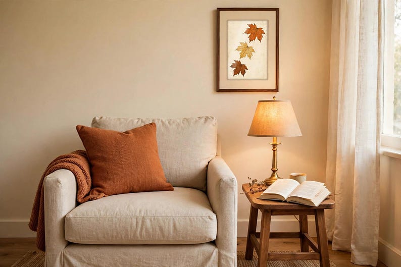 May include: A beige upholstered armchair features a burnt orange throw pillow and a matching textured blanket. Beside it, a wooden side table holds a brass lamp, an open book, and a small cup. A framed print of three autumn leaves hangs above.