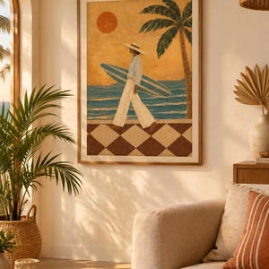 Kustväggkonst Vintage Surftryck, Retro Surfertjej med Palm, Strandhusdekoration bild 5