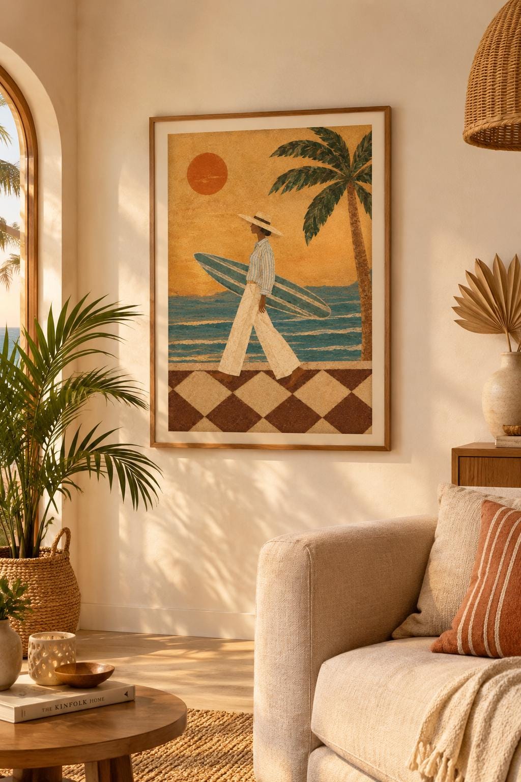 Coastal Wall Art Vintage Surf Print, Retro Surfer Girl with Palm Tree, Beach House Decor photo 5