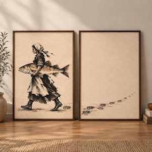 May include: Two framed wall art prints with a beige background. The left print features a black ink illustration of a person in a headscarf and boots carrying a large fish. The right print shows a trail of black ink footprints leading across the page.