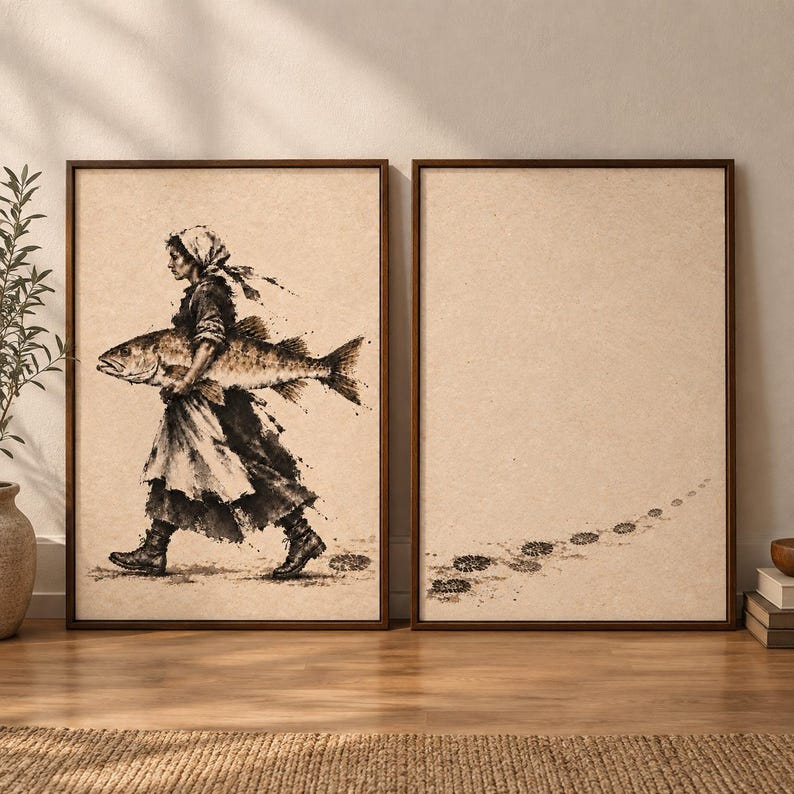 Coastal Wall Art Vintage Fisherwoman Print, Woman Fishing, Rustic Lake House Decor