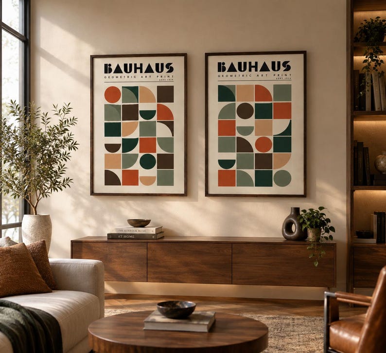 K&ouml;nnte beinhalten: Zwei gerahmte Kunstdrucke mit dem Text BAUHAUS GEOMETRIC ART PRINT. Jeder Druck zeigt ein Raster aus Kreisen, Halbkreisen und Quadraten in Dunkelgr&uuml;n, gebranntem Orange, Beige und Braun auf einem cremefarbenen Hintergrund.