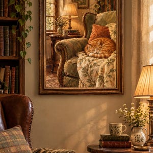 May include: A framed wall art print depicting a cozy interior scene with an orange tabby cat curled up asleep on a green patterned armchair, draped with a floral throw blanket, next to a small side table with a lamp and books.