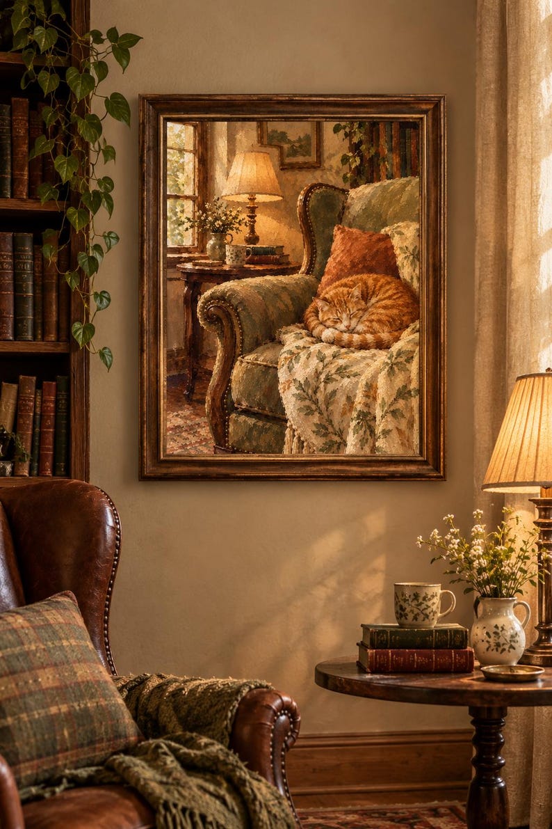 May include: A framed wall art print depicting a cozy interior scene with an orange tabby cat curled up asleep on a green patterned armchair, draped with a floral throw blanket, next to a small side table with a lamp and books.