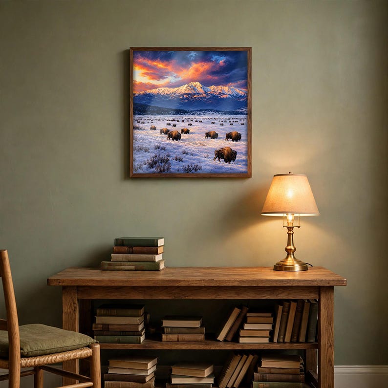 Bison painting print in a square wood frame above a desk in a lodge study, rustic western wildlife wall decor with mountain sunset