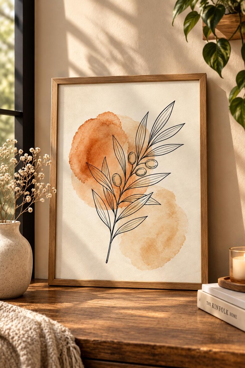 May include: A framed wall art print featuring a black line drawing of an olive branch with leaves and small olives centered over two overlapping watercolor circles in shades of burnt orange and light tan on a cream-colored background.