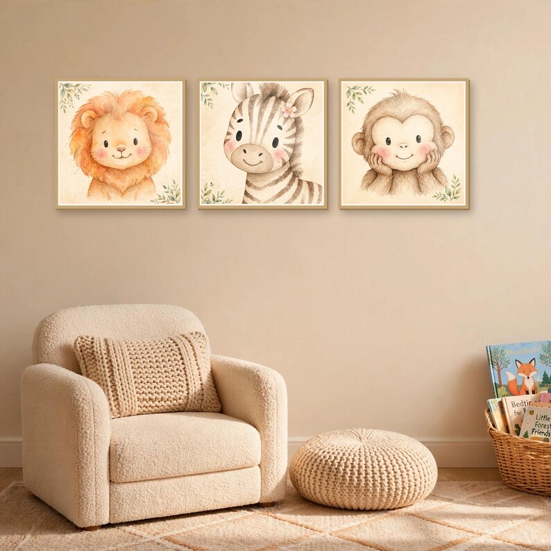 K&ouml;nnte beinhalten: Drei quadratische Wandbilder mit Aquarellillustrationen eines L&ouml;wen, eines Zebras und eines Affen. Jedes Tier ist mit weichen Z&uuml;gen dargestellt und von dezenten gr&uuml;nen Blattmotiven auf einem cremefarbenen Hintergrund umgeben.