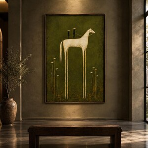May include: A rectangular wall art print featuring a white horse with elongated legs standing on a dark olive green textured background. Two small figures wearing wide-brimmed hats stand on the horse's back. Thin stems with small white flowers surround the horse.