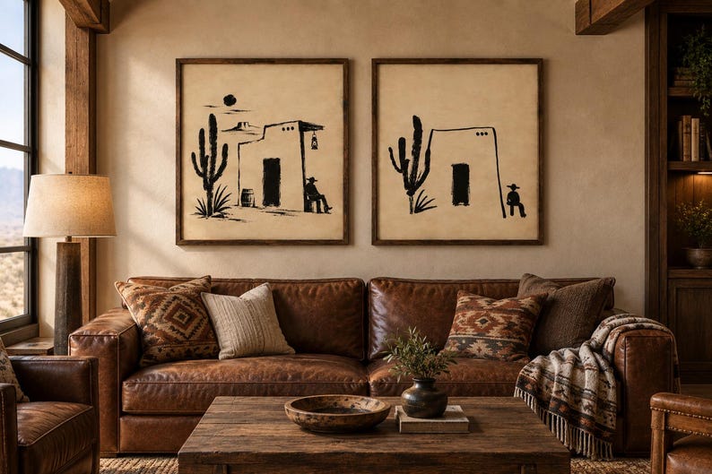 May include: Two square framed wall art pieces featuring black ink illustrations of desert scenes with cacti, adobe-style buildings, and figures wearing hats, set against a light beige background, displayed above a brown leather sofa.