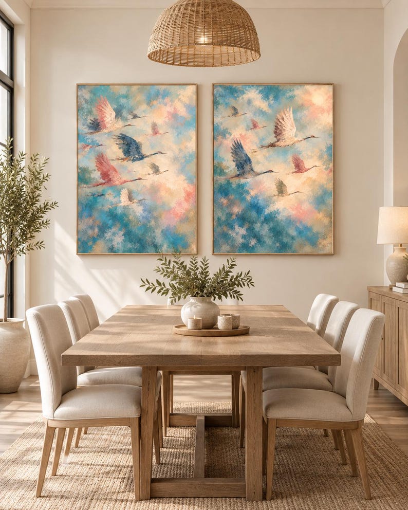 May include: Two rectangular wall art prints featuring a flock of birds in flight against a soft, blended sky of blue, pink, and cream tones. Each piece is encased in a thin, light-colored wooden frame, displaying a painterly texture.