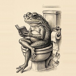 Rolig Badrum Väggkonst, Groda på Toaletten Tryck, Vintage Retro Groda Läser Bok Digital Nedladdning bild 10