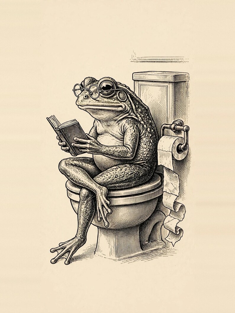 Rolig Badrum Väggkonst, Groda på Toaletten Tryck, Vintage Retro Groda Läser Bok Digital Nedladdning bild 10
