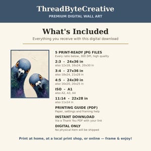 May include: Digital wall art listing by ThreadByteCreative featuring an illustration of two pigeons. The text lists 5 print-ready JPG files with various aspect ratios including 2:3, 3:4, 4:5, ISO A1, and 11:14, along with a printing guide PDF.