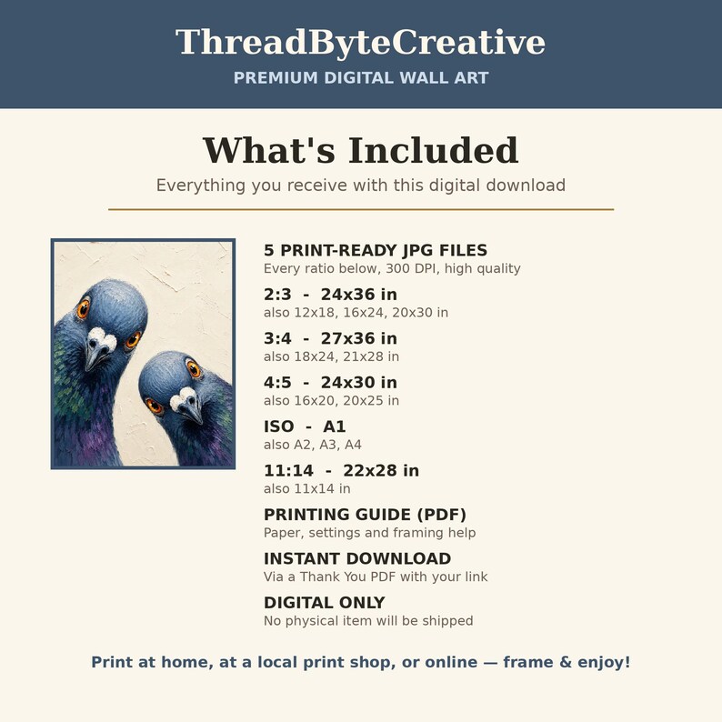 May include: Digital wall art listing by ThreadByteCreative featuring an illustration of two pigeons. The text lists 5 print-ready JPG files with various aspect ratios including 2:3, 3:4, 4:5, ISO A1, and 11:14, along with a printing guide PDF.