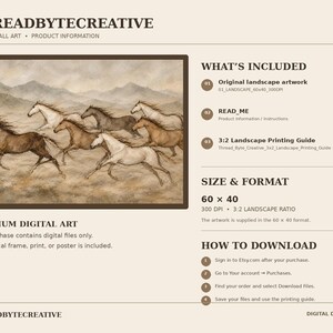 May include: A digital wall art product information sheet by THREADBYTECREATIVE featuring a landscape illustration of six horses running across a field with mountains in the background. The text includes WHAT'S INCLUDED, SIZE & FORMAT 60 x 40, and HOW TO DOWNLOAD.