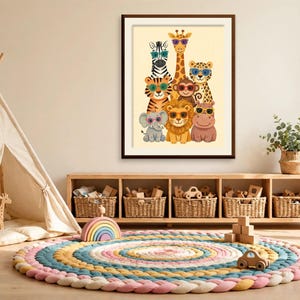 May include: A framed wall art print featuring a group of cartoon safari animals including a zebra, giraffe, leopard, tiger, monkey, lion, elephant, and hippo, all wearing colorful sunglasses against a light cream background.