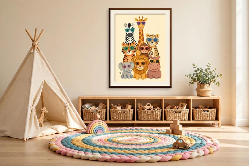 May include: A framed wall art print featuring a group of cartoon safari animals including a zebra, giraffe, leopard, tiger, monkey, lion, elephant, and hippo, all wearing colorful sunglasses against a light cream background.