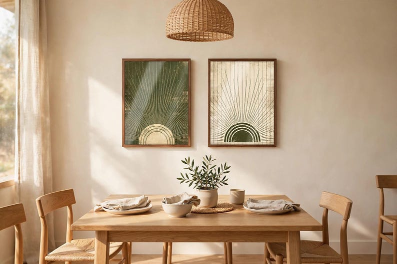 May include: Two rectangular framed wall art prints featuring a sunburst design with radiating lines. The left print has a dark green background with a gold sun, while the right print has a cream background with a dark green sun.