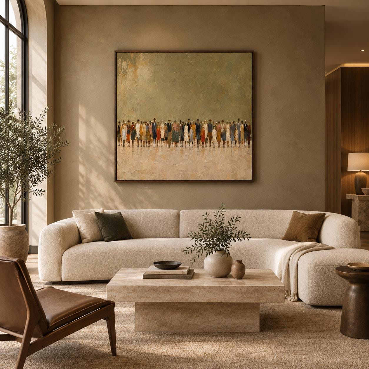 Neutral Wall Art, Beige Minimalist Crowd Painting, Olive Green People Art Print photo 7