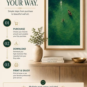 May include: An instructional graphic titled YOUR ART. YOUR SPACE. YOUR WAY. featuring a framed aerial photograph of a person swimming near a boat in green water. The text outlines three steps: PURCHASE, DOWNLOAD, and PRINT & ENJOY, with icons.