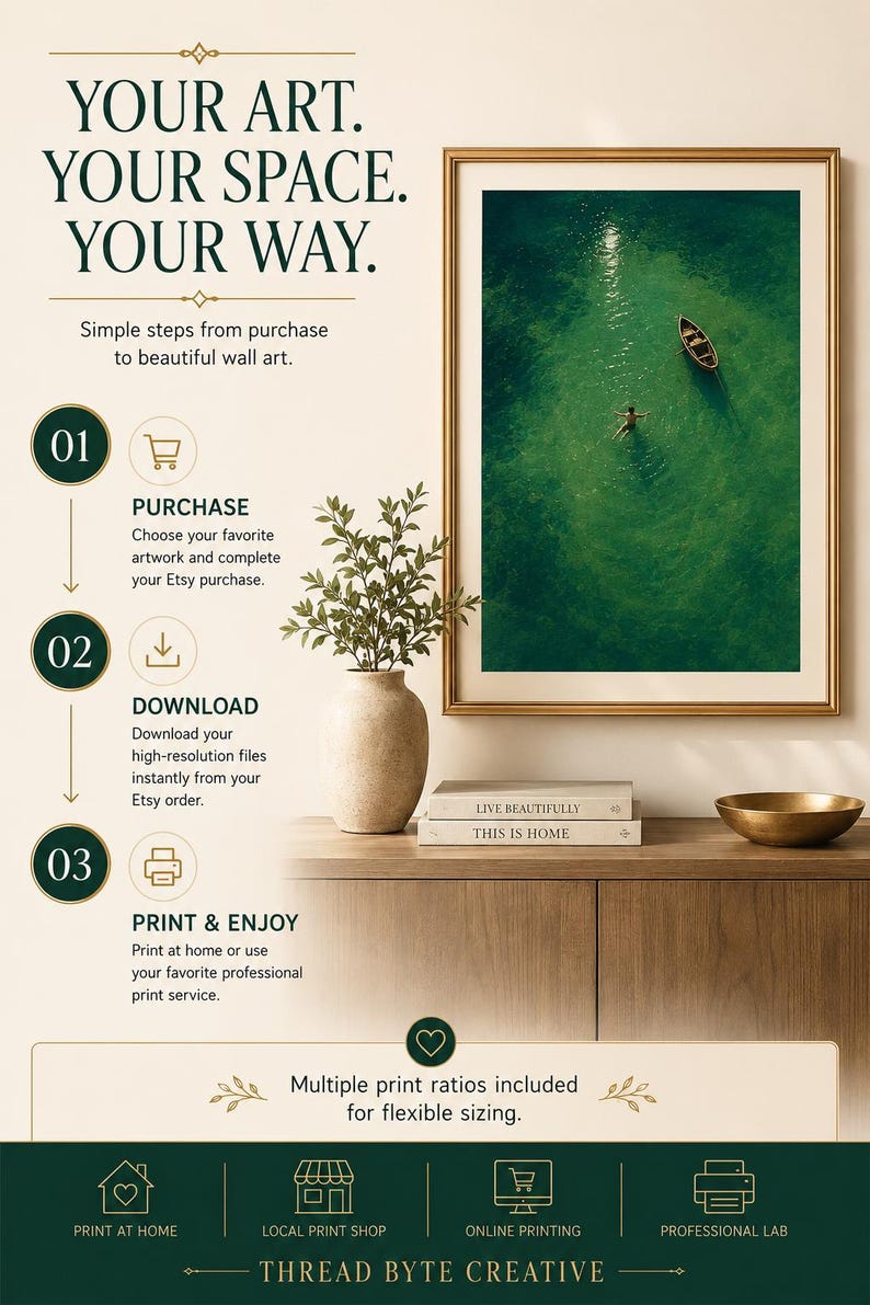 May include: An instructional graphic titled YOUR ART. YOUR SPACE. YOUR WAY. featuring a framed aerial photograph of a person swimming near a boat in green water. The text outlines three steps: PURCHASE, DOWNLOAD, and PRINT & ENJOY, with icons.