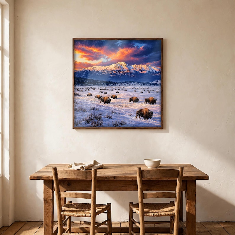 Winter landscape wall art in a square frame above a farmhouse dining table, bison herd crossing a snowy valley under sunset mountains