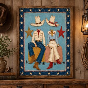May include: A framed wall art piece depicting two headless figures in western attire. The figures wear white cowboy hats, shirts, and boots, sitting on blocks against a light blue background with stars and a dark blue star-patterned border.
