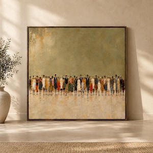 May include: A square framed wall art piece featuring a textured, muted olive-green background. The composition depicts a large, dense crowd of small, stylized figures standing in a line, wearing various colorful outfits and hats in a painterly style.