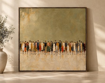 Neutral Wall Art, Beige Minimalist Crowd Painting, Olive Green People Art Print
