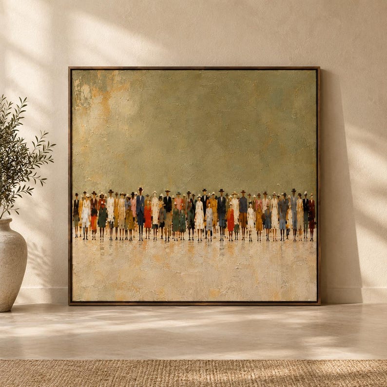 May include: A square framed wall art piece featuring a textured, muted olive-green background. The composition depicts a large, dense crowd of small, stylized figures standing in a line, wearing various colorful outfits and hats in a painterly style.