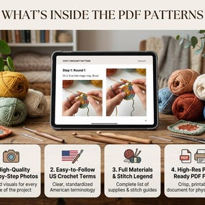 Pu&ograve; includere: Un tablet che mostra uno schema per uncinetto con foto passo dopo passo, circondato da gomitoli di lana color senape, salvia e blu, uncinetti in legno, un ago e forbici. Il testo recita: WHAT'S INSIDE THE PDF PATTERNS, 1. High-Quality Step-by-Step Photos, 2. Easy-to-Follow US Crochet Terms, 3. Full Materials & Stitch Legend, 4. High-Res Print-Ready PDF Files.