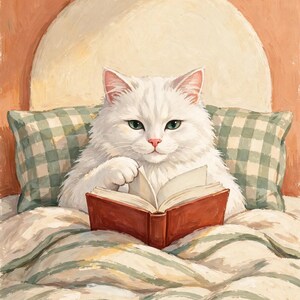 White cat reading in bed digital art print — fluffy white cat with green eyes reading a rust-red book against a terracotta wall, bookish wall art digital download