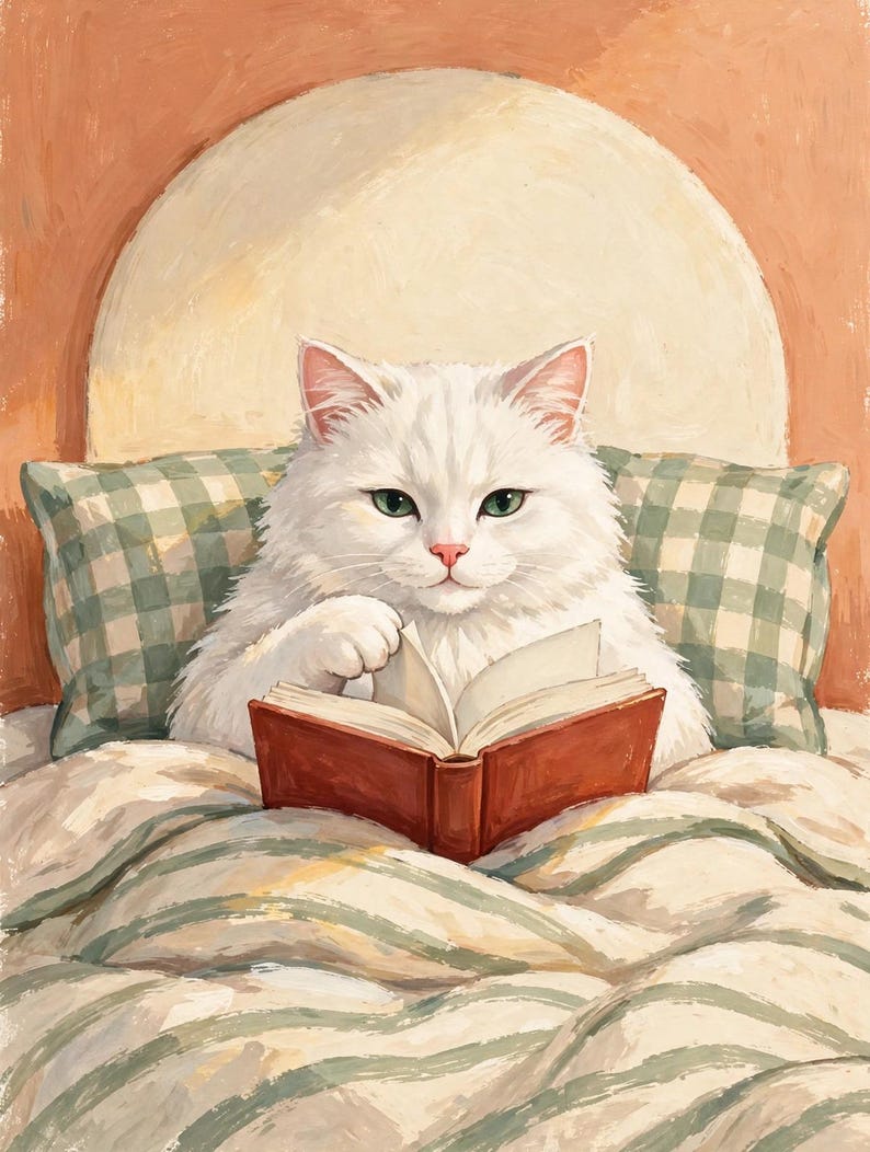 White cat reading in bed digital art print — fluffy white cat with green eyes reading a rust-red book against a terracotta wall, bookish wall art digital download