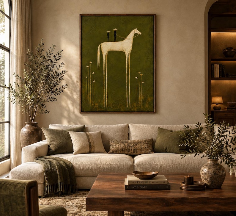 May include: A framed wall art print featuring a stylized white horse with elongated legs standing on a dark olive green background. Two small figures in hats are perched on the horse's back, surrounded by thin, vertical white floral stems.