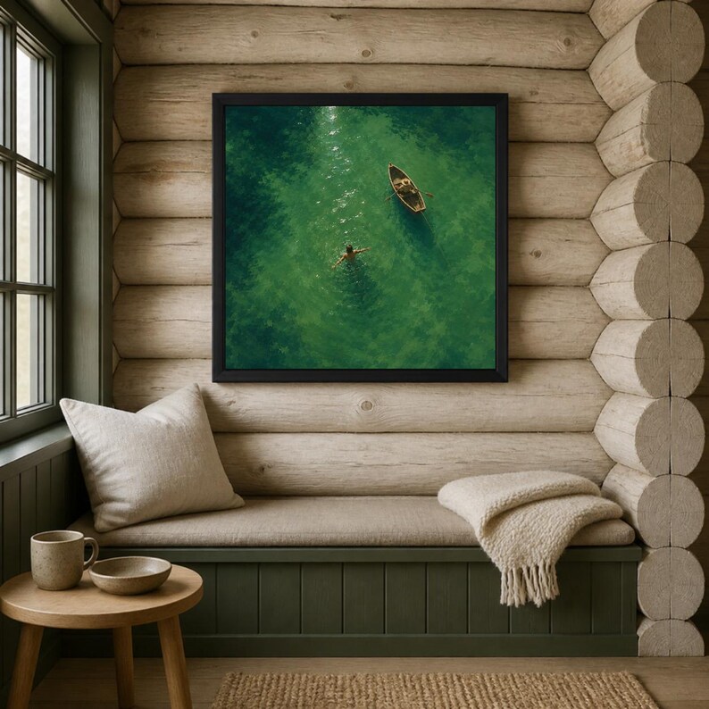 May include: A square framed wall art print featuring an aerial view of a small wooden rowboat and a person swimming in clear, vibrant green water. The artwork is displayed in a black frame, capturing a serene aquatic scene with sunlight reflections.