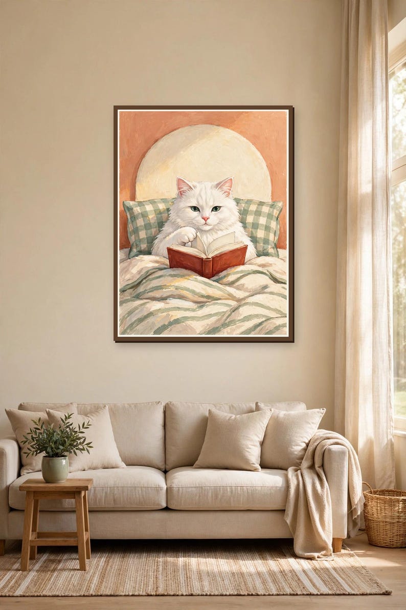 White cat reading in bed art print framed above a sofa in a cozy living room — cute bookish wall art for cat and book lovers