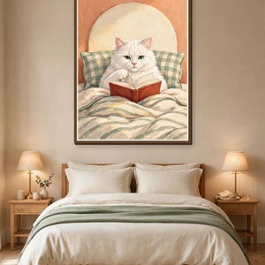 Funny white cat reading a book in bed printable art above a bed — bookish bedroom wall decor for readers and cat lovers