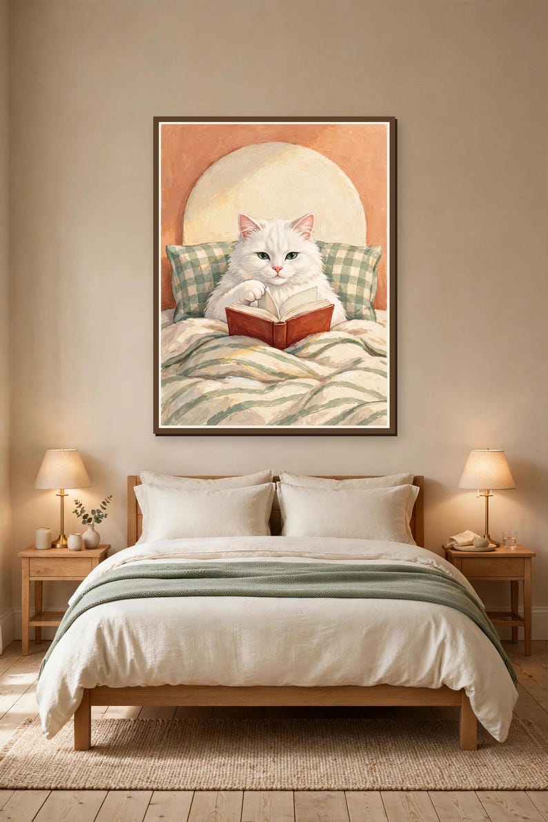 Funny white cat reading a book in bed printable art above a bed — bookish bedroom wall decor for readers and cat lovers
