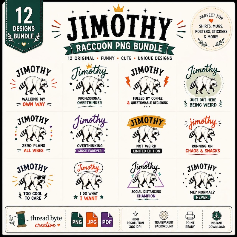 May include: A digital bundle of 12 raccoon graphic designs titled JIMOTHY RACCOON PNG BUNDLE. Each design features a black and white raccoon illustration with unique text captions like WALKING MY OWN WAY, PROFESSIONAL OVERTHINKER, and TOO COOL TO CARE.
