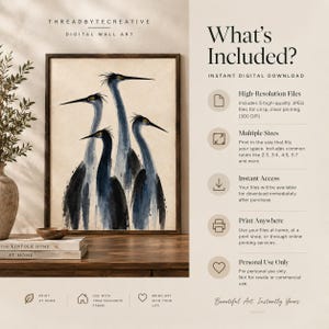 May include: A digital wall art download featuring a watercolour-style illustration of four blue herons in shades of blue and black on a cream background. The text includes What's Included, Instant Digital Download, and details about high-resolution files.