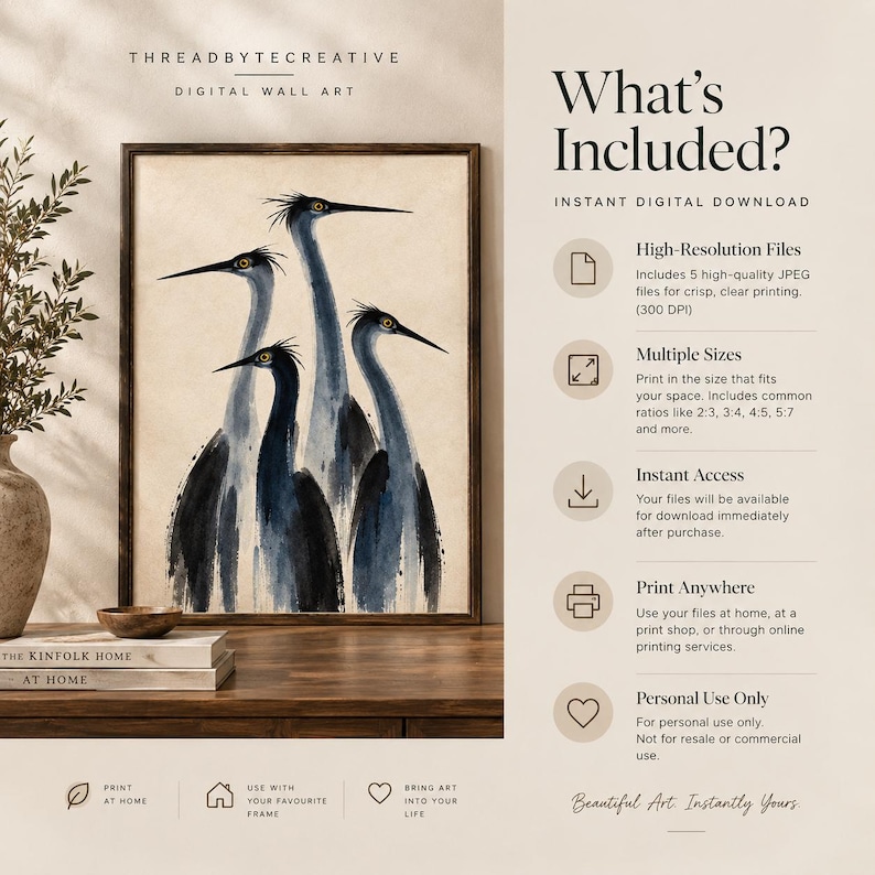 May include: A digital wall art download featuring a watercolour-style illustration of four blue herons in shades of blue and black on a cream background. The text includes What's Included, Instant Digital Download, and details about high-resolution files.