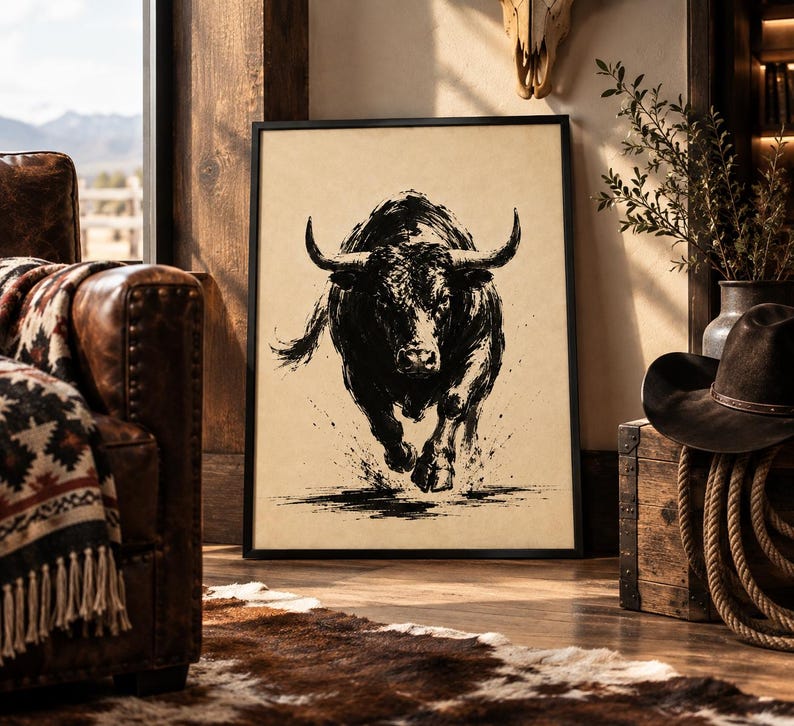 K&ouml;nnte beinhalten: Ein gerahmter Kunstdruck mit einer schwarzen Tuscheillustration eines st&uuml;rmenden Stiers auf beigem Hintergrund. Das Kunstwerk zeigt den Stier in einer dynamischen Vorw&auml;rtsbewegung mit sichtbaren Pinselstrichstrukturen und Tintenspritzern.