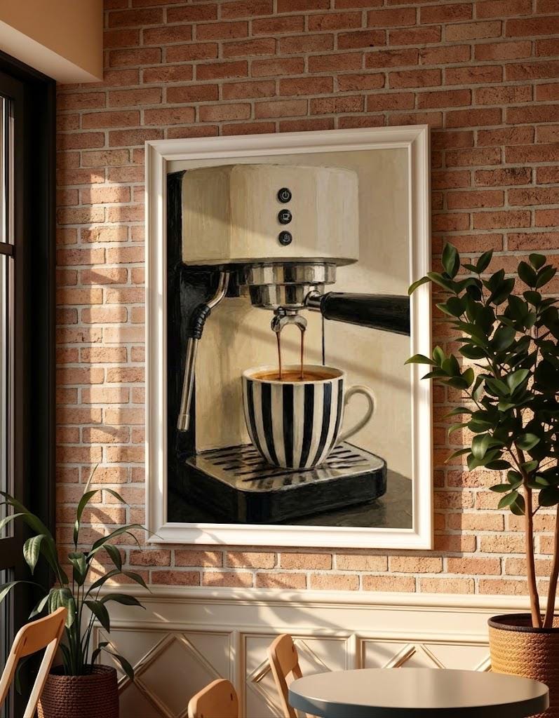 Coffee Wall Art Espresso Machine Painting, Striped Mug Kitchen Print photo 3