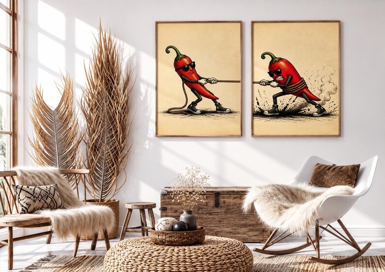 May include: Two framed wall art prints featuring a cartoon red chilli pepper wearing sunglasses and black trainers. In the left print, the chilli pulls a rope, and in the right print, the chilli is tied with a rope, creating a tug-of-war scene.