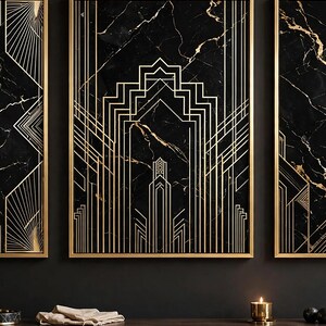 May include: A triptych of three rectangular wall art pieces featuring a black marble background with gold veining and geometric gold line patterns. The central piece displays a symmetrical archway design, while the side pieces show angular rays.