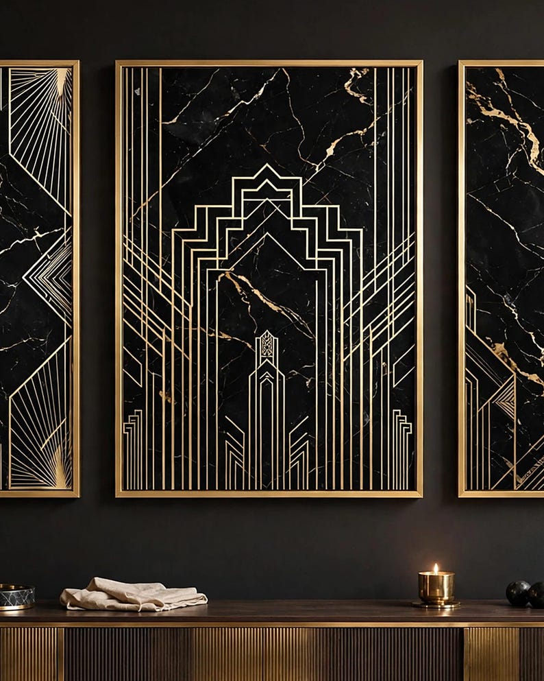 May include: A triptych of three rectangular wall art pieces featuring a black marble background with gold veining and geometric gold line patterns. The central piece displays a symmetrical archway design, while the side pieces show angular rays.