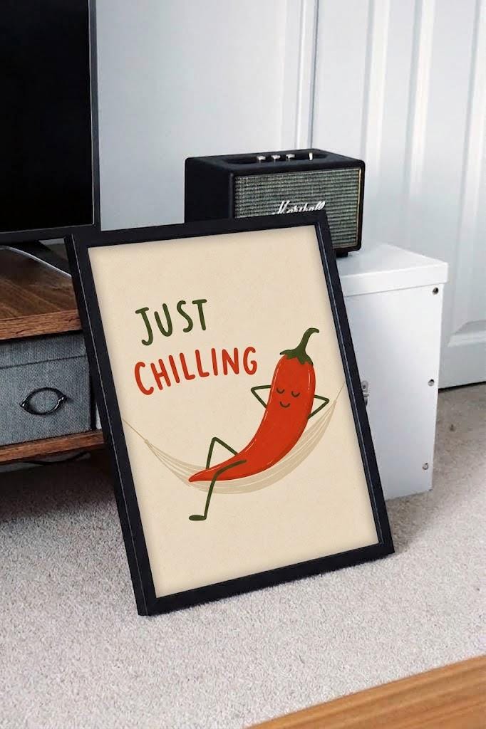 Funny Kitchen Wall Art – Chilli Pepper Print, Just Chilling Food Pun, Printable Download photo 5